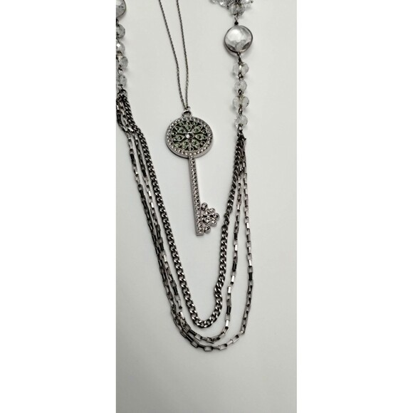 Green Crystal Key Necklace Triple Chain Bottom Into One Faceted Crystal Layered - Picture 2 of 12